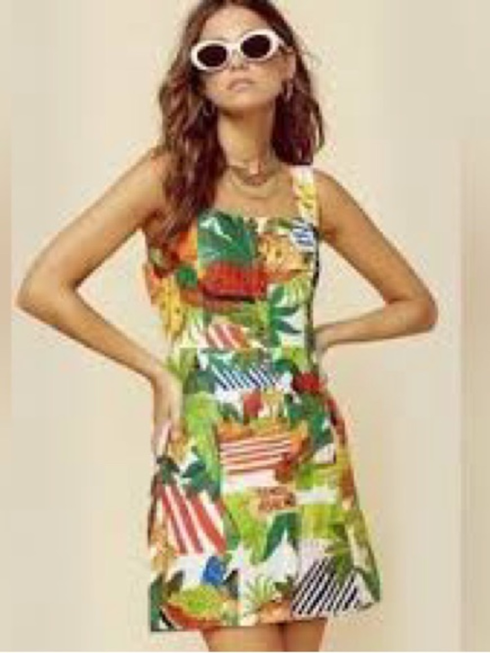FARM Rio Tropical Print Mini Dress in White, Green, Red, Yellow - Picture 3 of 3